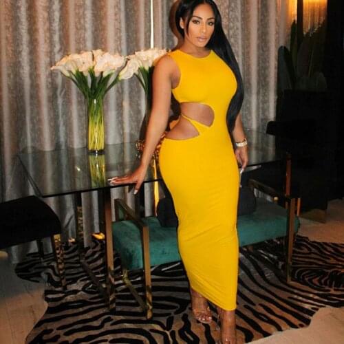 DSMTRC 6 Colors Women Hollow Out Long Maxi Sleeveless Bodycon Slim Fit Skinny Yellow Dress 2021 Party Night Club Outfits
