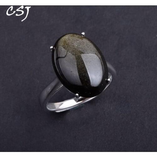 CSJ Big Stone Real Natural Obsidian Rings Sterling 925 Silver Gold Eyes Obsidian Fine Jewelry for Man and Women