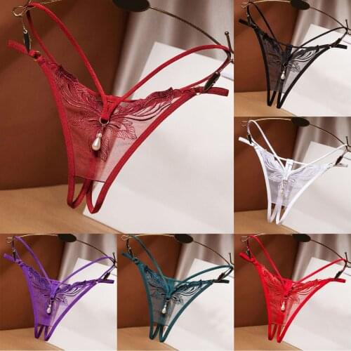Womens underwear Embroidery sensual lingerie woman Hollow Out Female Thong Briefs Floral Pearl Tassel Women Lingerie G-String