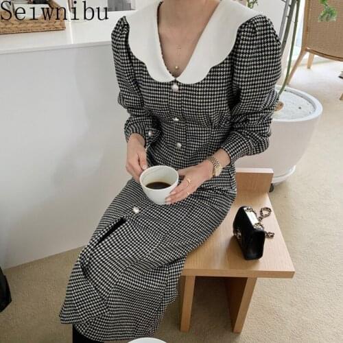Seiwnibu Korean Elegant Woman Dress Peter Pan Collar Single Breasted Vestidos Slim Waist Temperament Plaid Midi Dresses Women