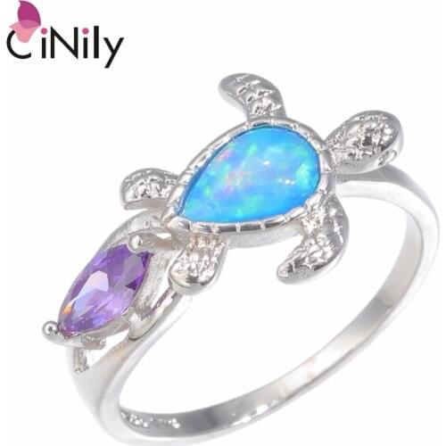 CiNily Created Blue Fire Opal Purple Stone Silver Plated Wholesale Tortoise for Women Jewelry Gift Ring Size 6-9 OJ9307