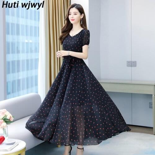 Summer Vintage Black Print Chiffon Vacation Maxi Dress 2021 Plus Size Beach V-Neck Sexy Midi Dress Elegant Women Bodycon Vestido