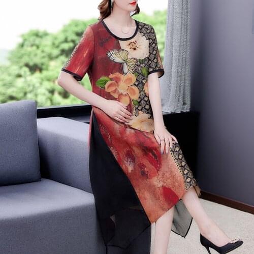 2021 Summer Vintage Print Mulberry Silk Midi Dresses Women Casual Elegant Floral 4XL Plus Size Sundress Bodycon Party Vestidos