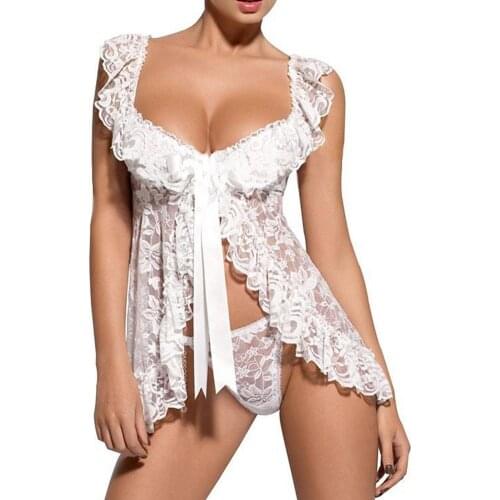 2Pcs/Set Erotic Lace Sleepwear Women Sexy Perspective Open Front Top G-string Sexy Babydoll Chemise Temptation Nightdress Hot