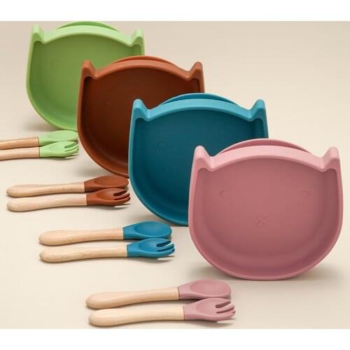 2020 Am azon Hot selling 100% Food Grade Cat Shape Bowl Safety Suction Silione Spoon Baby Feeding Set Toddler Christmas Gift