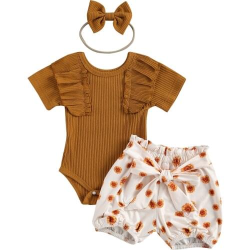 2021 0-12M Newborn Baby Girl Clothing Summer Ruffle Solid Color Short Sleeve Romper Top+Bow Sunflower Shorts+Headband 3pcs Set