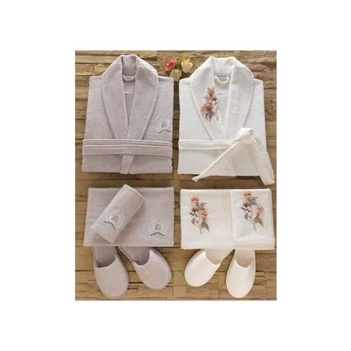 DowryWorld-Dantela Anetta 3d Bamboo Bathrobe Set Cream Stone %70 Bamboo %30 Cotton