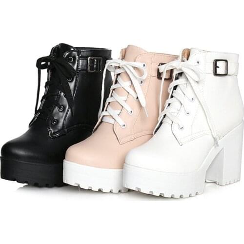 Spring Autumn Fashion Women Boots Square High Heels Platform Buckle Lace Up Pu Short Booties Winter Ladies Shoes 2019 White