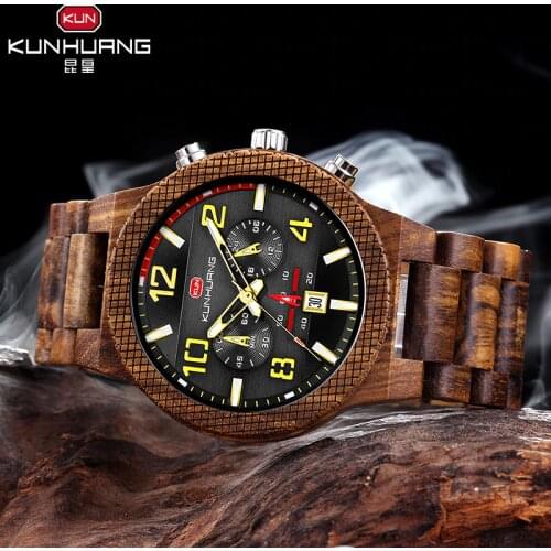 KunHuang Big Dial Wooden Men Watches Top Brand Luxury Casual Chronograph Military Sports Quartz Wood Watch Men Relogio Masculino