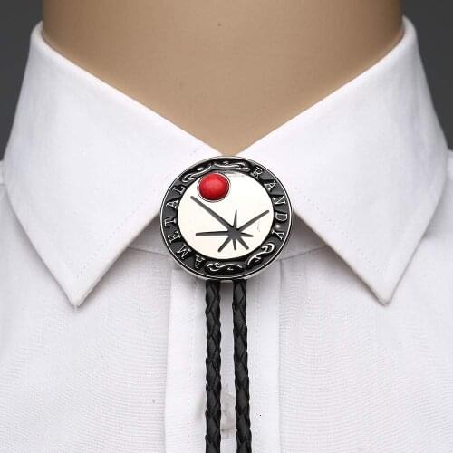 Red flower round shape bolo tie for man Indian cowboy western cowgirl leather rope zinc alloy necktie