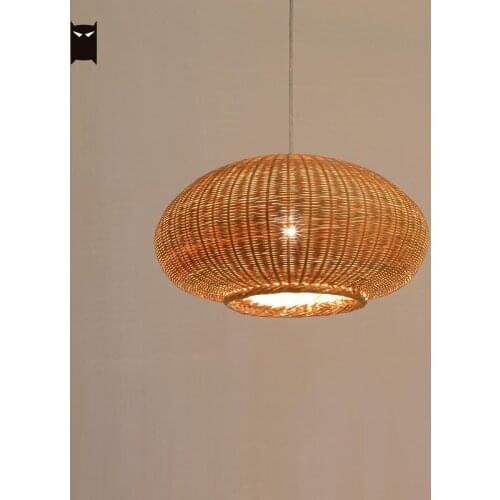 Delicate Bamboo Wicker Rattan Lantern Shade Pendant Light Fixture Cord Japanese Scandinavian Hanging Ceiling Lamp Design Bulb