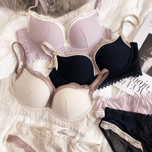 Contrasting color wirefree bra panty suit thin upper and lower thick small breasts big gathered underwear set push up lingerie