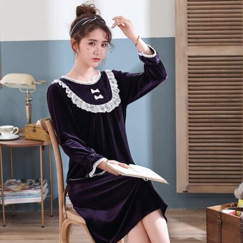 Bow Lace Winter Sleepwear Nightgown Comfortable Casual Soft Homewear Burgundy Full Sleeve Young Lady Nightdress Bathrobe