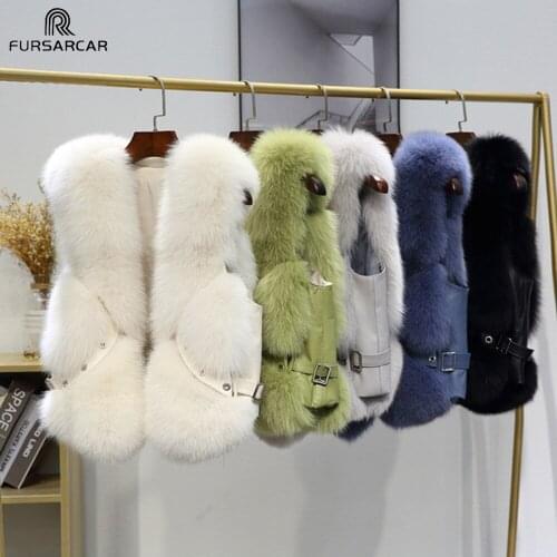 FURSARCAR Natural Real Fox Fur Vest Fashion Street Sleeveless Waistcoat Adjustable Waist Belt Luxury Women Winter Warm Outwear
