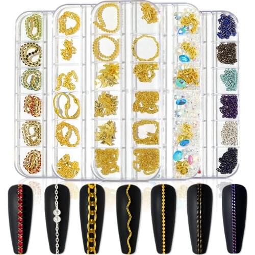 12 Grid Manicure Metal Nail Rhinestone Chain 3d Gold/Silver Bead Alloy Chain Nail Decoration Diy Jewelry Accessories