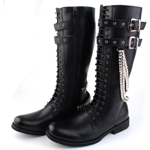 British Personalized Punk Men High Top Leather Boots Fashion Cowboy Knee Boot Buckle And Chains Man Motorcycle Boots 258