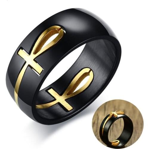 Fashion Two Tone Cut out Ankh Egyptian Cross Ring for Men Stainless Steel Detachable Allah Black Religious Band Male Jewelry