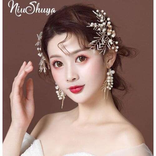 NiuShuya Gold Vine Bridal Hairpins Pearl Tiara Wedding Hair Accessories Handmade Branch Bridal Hair Ornaments Hair Jewelry