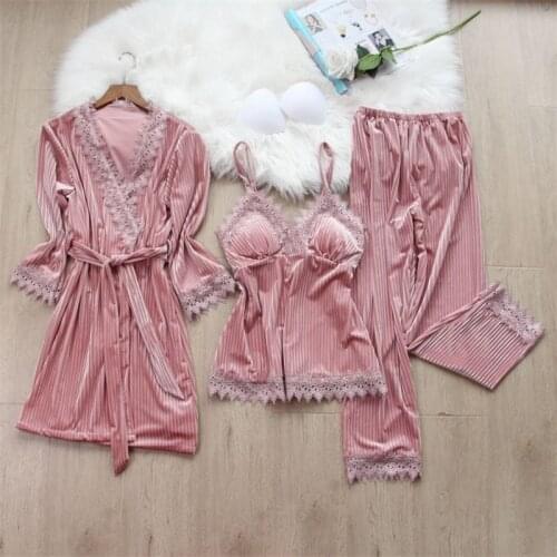 2020 Brand New Pajamas Women Sexy Gold Velvet Three-piece Suit With Chest Pad Autumn Winter Sleepwear Ladies Pyjamas Home Suit