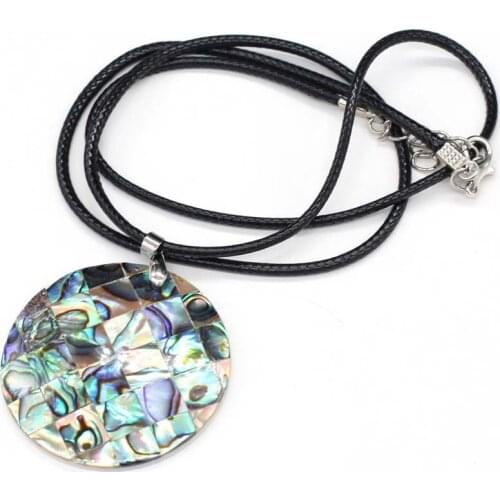 Natural Shell Pendant Necklace Round Shiny Abalone Shell White Black Shell Charms Long Wax Thread for Women Jewelry Necklace