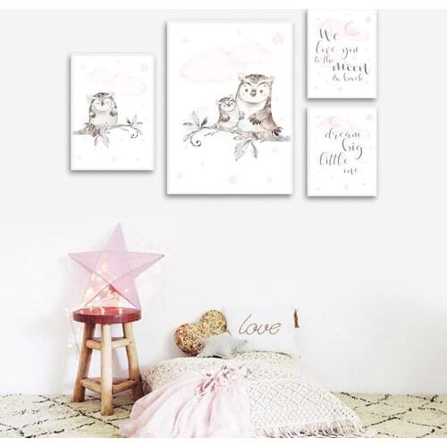 Baby Girl Nursery Animal Poster Print Wall Art Canvas Painting Pink Owl Forest Child Family Picture Nordic Kids Girls Room Decor