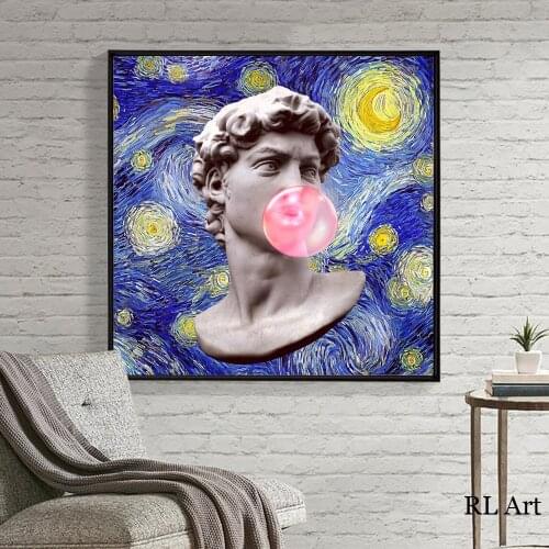 Modern Painting Canvas Art Posters and Print on the Wall David Blowing Bubble Gum with Van Gogh Starry Sky Background Room Decor