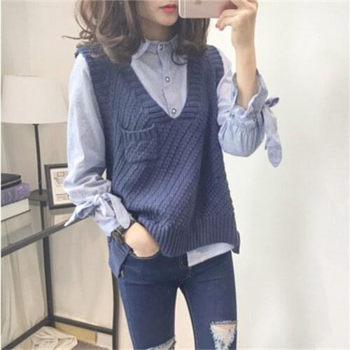 Sweater Vest Women V-neck Solid Pocket Loose Simple Knitted Casual Womens Elegant Autumn Daily Outwear All-match Sweaters New