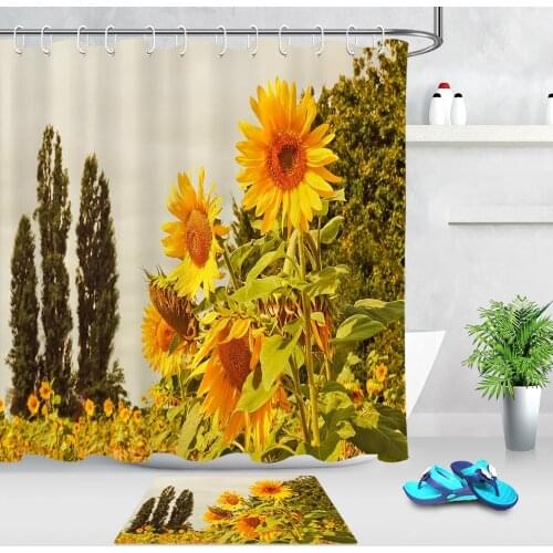 Waterproof Shower Curtain with 12 Hooks Sunflower Bathroom Shower Curtain Polyester Mildew Proof Bath Tub Curtain for Home