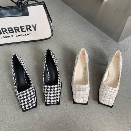 2021 New Women Shoes Square Toe Thin Heel Pumps Plaid Shallow Low Heels Slip-On Lady Sandals Женские туфли