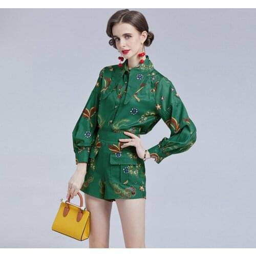 2021 autumn fashion women Floral Print Shorts Sets turn down collar Lantern Sleeve Blouse+High Waist Shorts 2 Pieces Suit