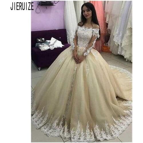JIERUIZE Vestido De Noiva Ball Gown Wedding Dresses Off Shoulder Long Sleevese White Appliques Light Champagne Wedding Gowns