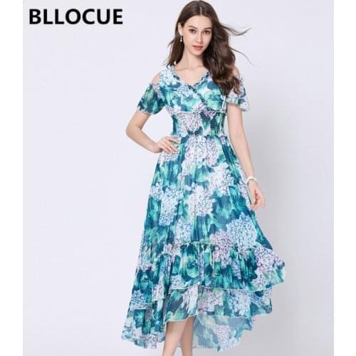 BLLOCUE Runway Designer Vintage Flower Print Dress Summer New Womens V-neck Strapless High Waist Ruffled Maxi Dress
