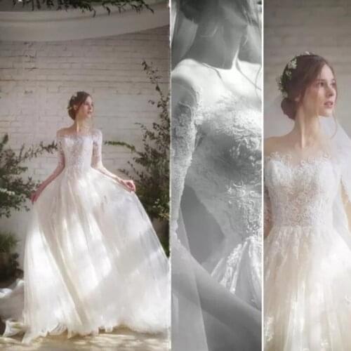 Lace Wedding Dress 3/4 Long Sleeves 2019 Vestidos de novia Sheer O neck Sexy Bridal Gown Elegant Close Back Wedding Gowns