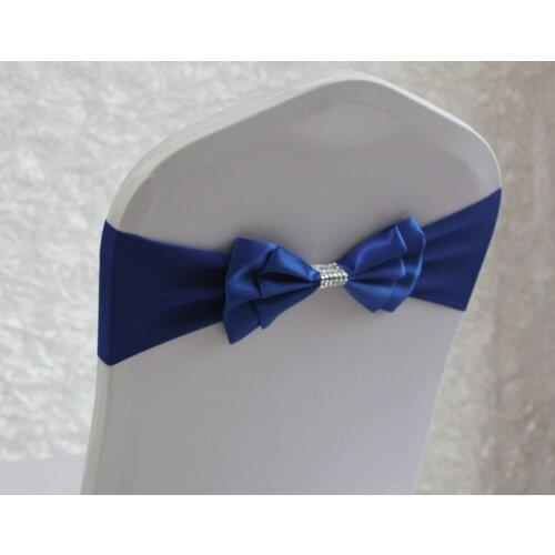 100pcs Royal blue Polyester Chair Sash Bow Elastic Chair Ribbon Back Tie Bands For Wedding Party Ceremony Banquet Decor