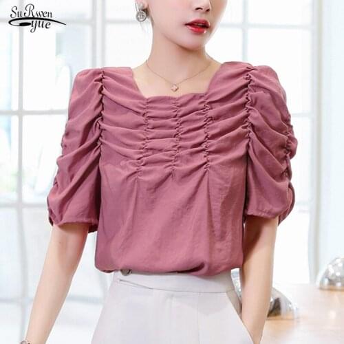 2021 Chiffon Shirt Pleated Women Top Summer Vintage Puff Sleeve Pullover Blouse Women Short Sleeve Pink Clothing Blusas 9665