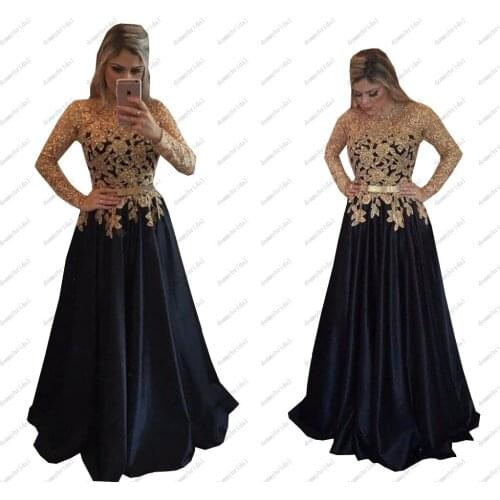 2021 Hot Sale Black and Gold Lace Evening Mother Dresses Plus size with Illusion Long Sleeves Pearsl Beaded Satin Formal Gowns
