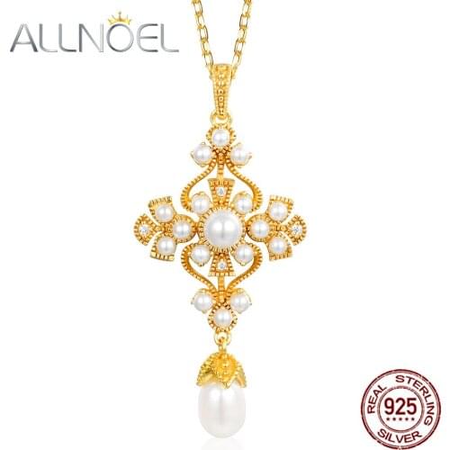 ALLNOEL 925 Sterling Silver Necklace Women Handmade Pearl 5 * 6mm Pendant Real Golden Wedding Engagement Boutique Jewelry New