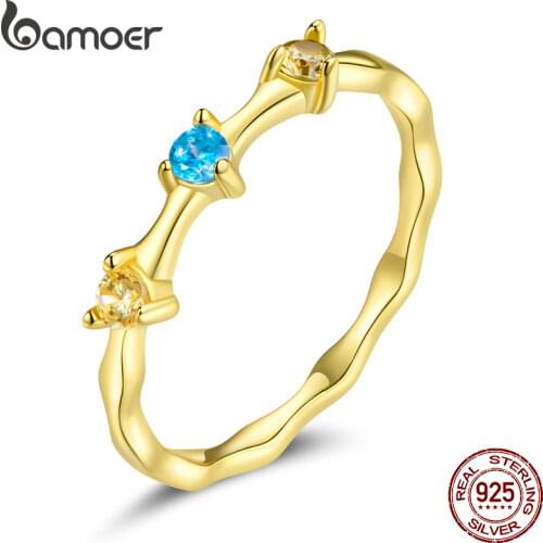 BAMOER Authentic 925 Sterling Silver Colorful Round Blue Crystal Ring Gold Finger Rings for Women Wedding Fashion Jewelry SCR744