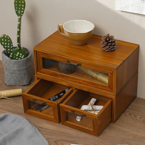 Wooden Chinese Retro Storage Box Glass Drawer Sundries Wooden Box Office Desk Surface Panel Storage Computer Riser