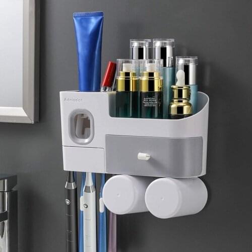 Toothbrush Holders,with Automatic Toothpaste Dispenser,Wall Mounted Toothbrush Organizer, 2 Cups and Drawers Cosmetic