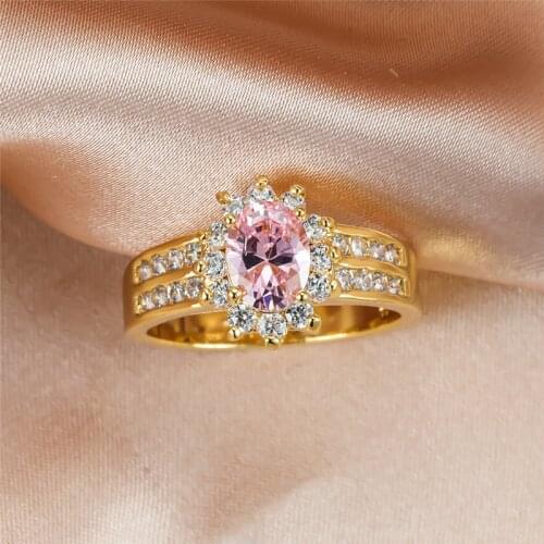Elegant Pink Zircon Oval Stone Rings For Women Wedding Jewelry Vintage Fashion Yellow Gold Engagement Ring Female Luxury Gifts
