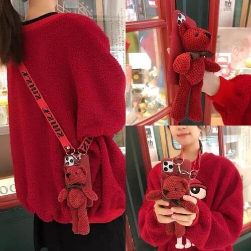 Bear Doll Pendant Phone Case For iphone 12 Mini 11 Pro X XS Max XR 7 8 6s Plus Couple Gifts Bear Doll Lanyard Phone Back Cover