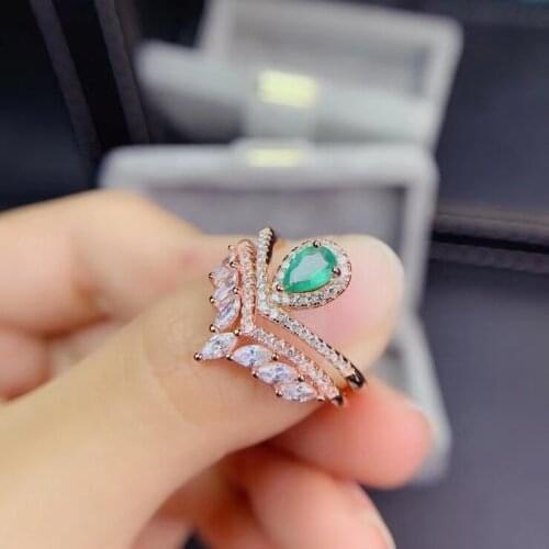 Luxurious tulips water drop Natural green emerald gem Ring S925 Silver Natural Gemstone Ring Womens office birthday Jewelry