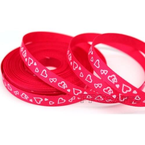 3/8" 10MM Red Grosgrain Ribbon Shocking Pink Color Printed With White Heart 10 Yards/roll Tape