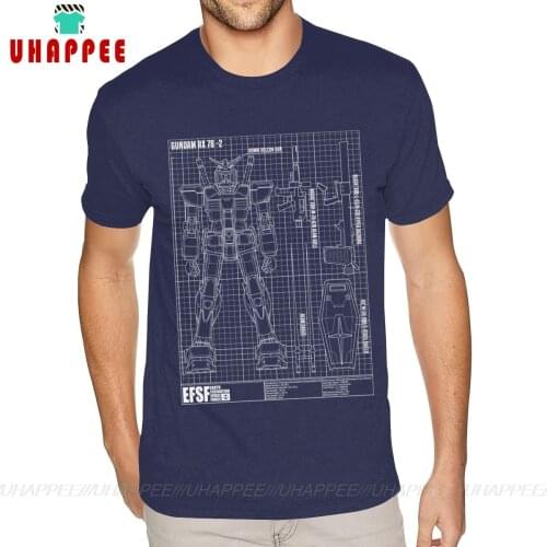 Printed Gundam Blueprint Shirts for Men Custom Printing Short Sleeves Premium Cotton Navy Crew T Shirts