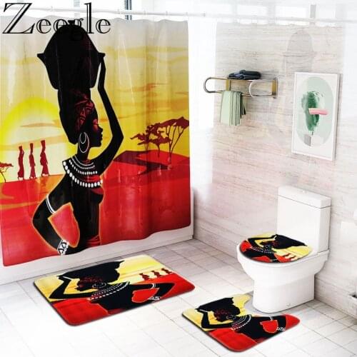 Zeegle African Woman Pattern Polyester Shower Curtain Bath Mat Set Non Slip Toilet Rugs Carpet for Bathroom Flannel Bath Mat Set