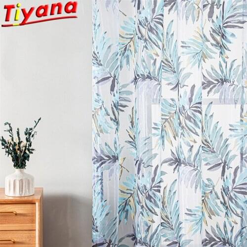 Tropical Rainforest Blue Leaf Printed Yarn Curtains for Living Room leaves Sheer Yarn for Balcony HM717#VT