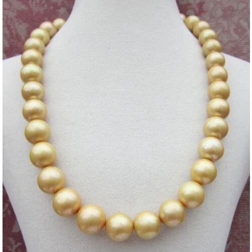 Huge AAA 12-15mm NATURAL south sea Golden round pearl pendant necklace shipping free