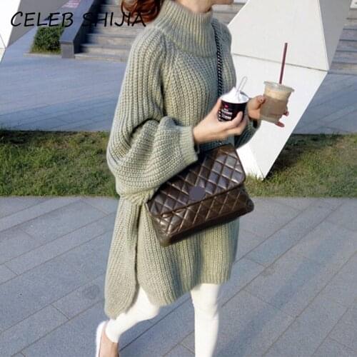 SHIJIA 2021 Autumn Knitting Dress for Woman Green Solid Loose Turtleneck Mid Dress Female Long-sleeve Winter Bodycon Split