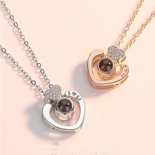 New Rose Gold Silver Color 100 Languages I Love You Projection Pendant Necklace Heart Love Memory Necklaces Party Gift